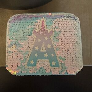 Justice Light Blue/Purple Unicorn Flippy Sequins Jewelry Box Personalized “A”